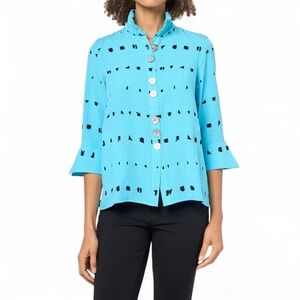 ALI MILES Tunic Top Womens Petite XL Crinkle Lagenlook Coastal Button Aqua Blue